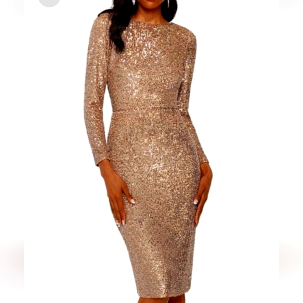 NWT Xscape Long Sleeve Gold Sequin Cocktail Dress